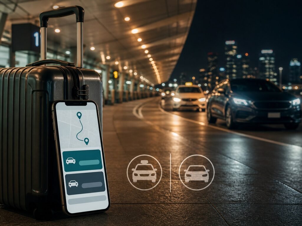 行李箱、手機叫車畫面與機場官方交通選項組成的 NAIA 進城市區交通示意圖