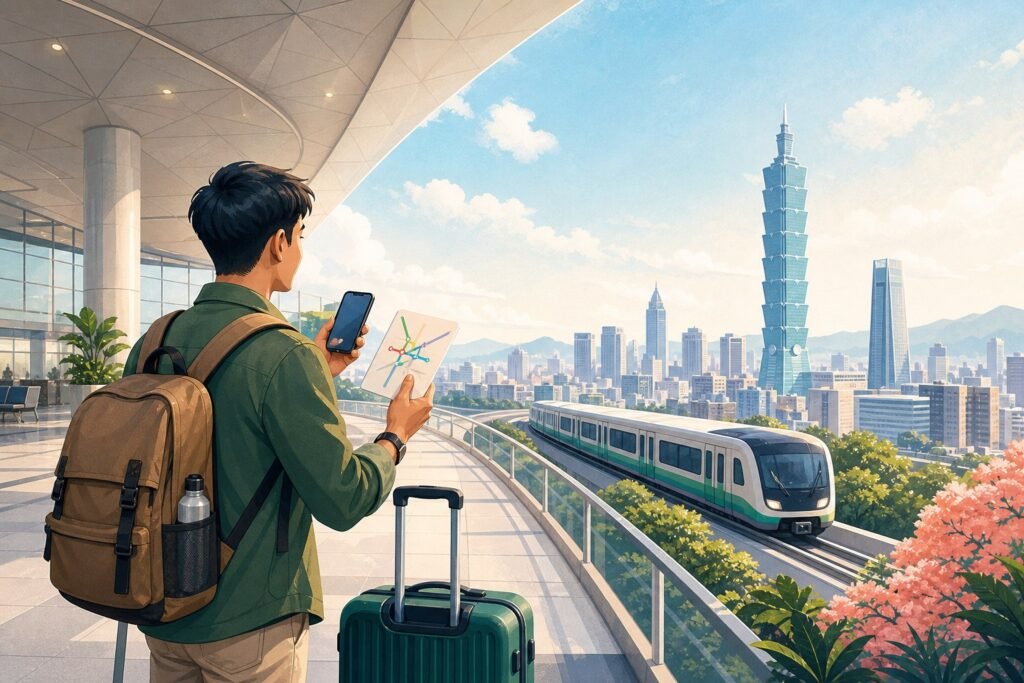Illustrated Filipino traveler with luggage planning an airport rail trip toward Taipei