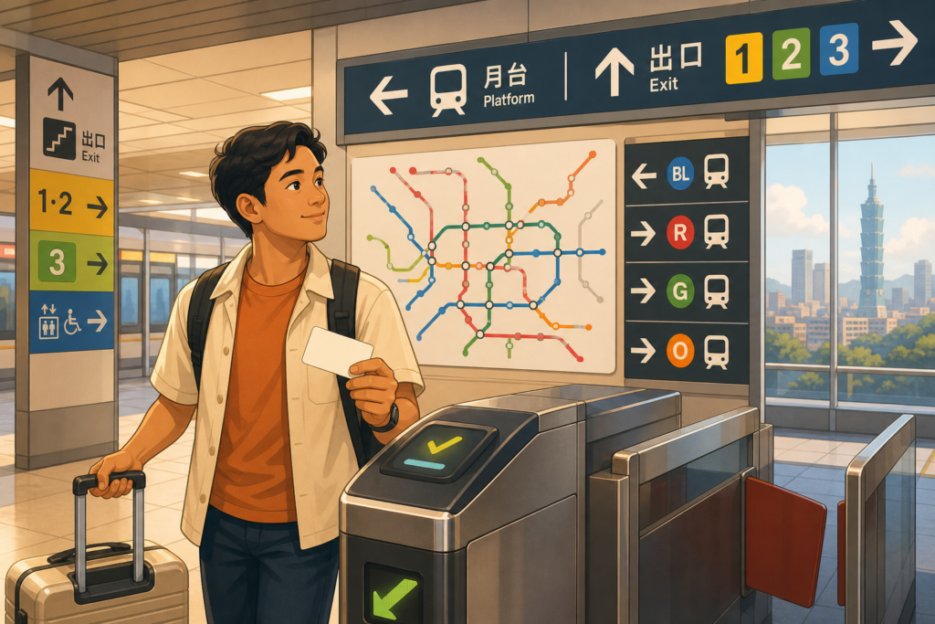 Illustrated Filipino traveler holding a generic transit card at a Taipei MRT gate with route and exit signs