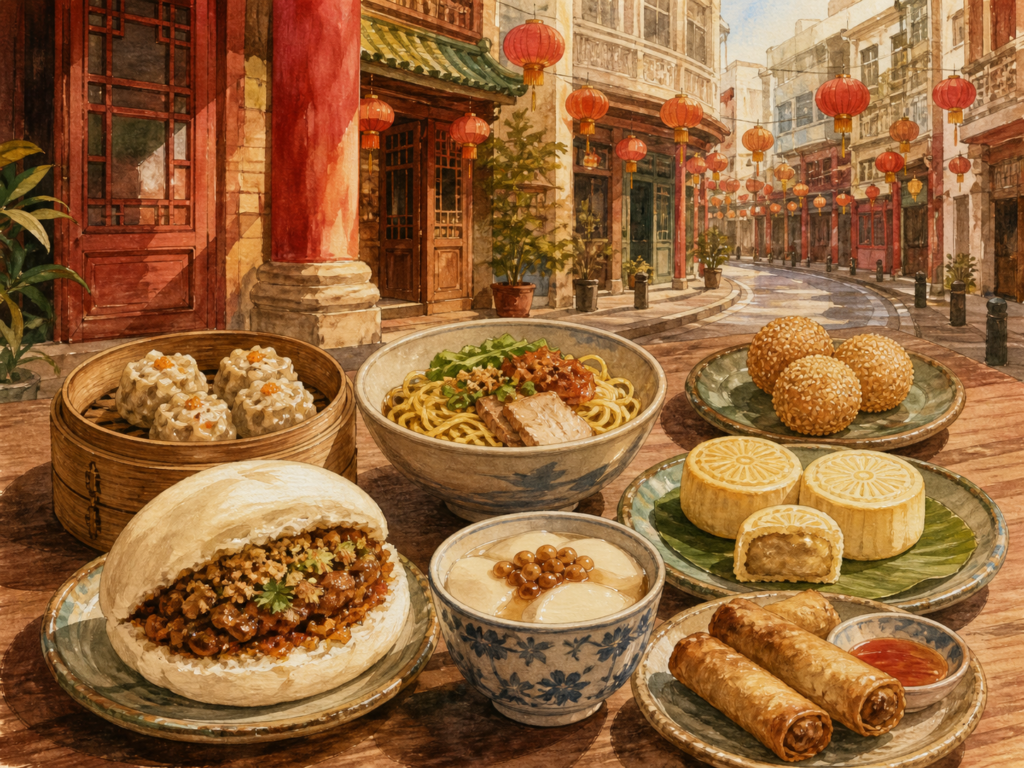 馬尼拉 Binondo 街景與包點、麵食、炸點及甜點組成的七站美食路線插圖