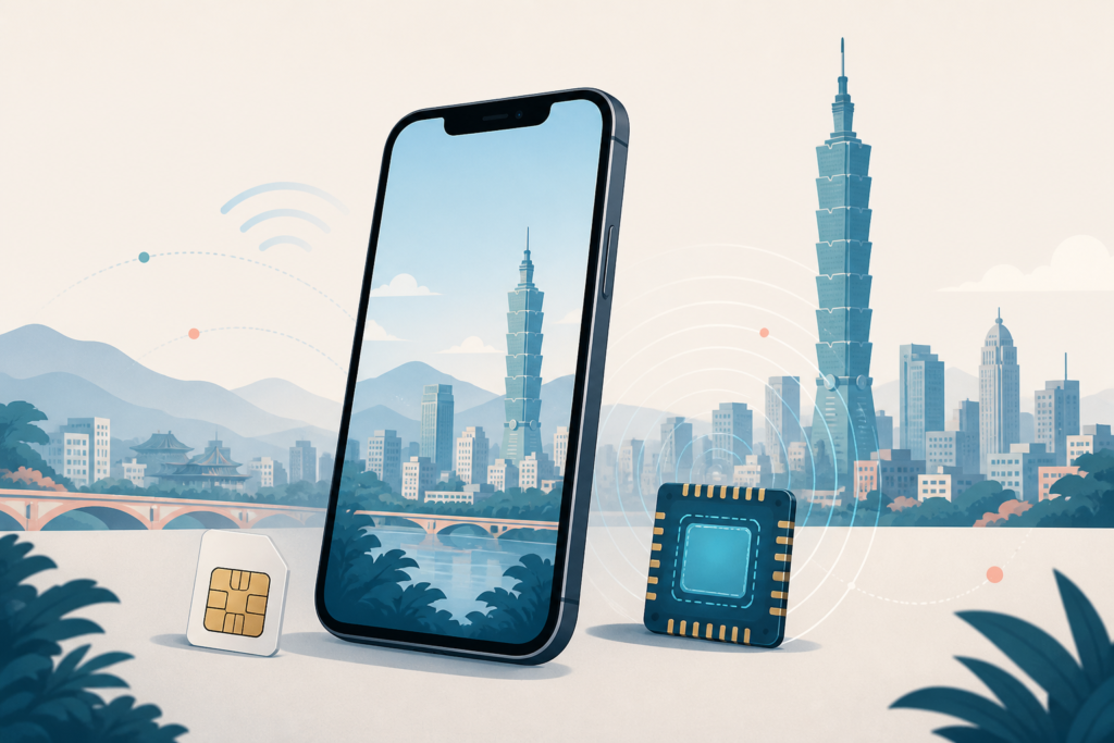 Original illustration of an unlocked phone, physical SIM and eSIM chip connected to a generic Taipei skyline