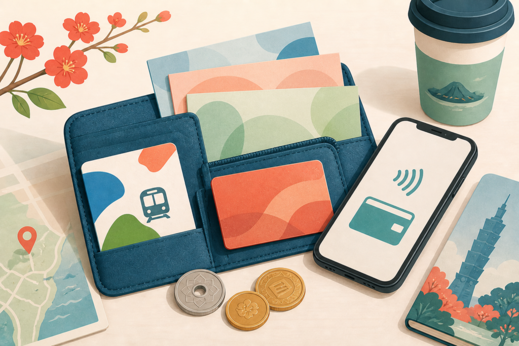 Illustrated Taiwan travel payment kit with a wallet, generic cards, phone, transit card and abstract cash