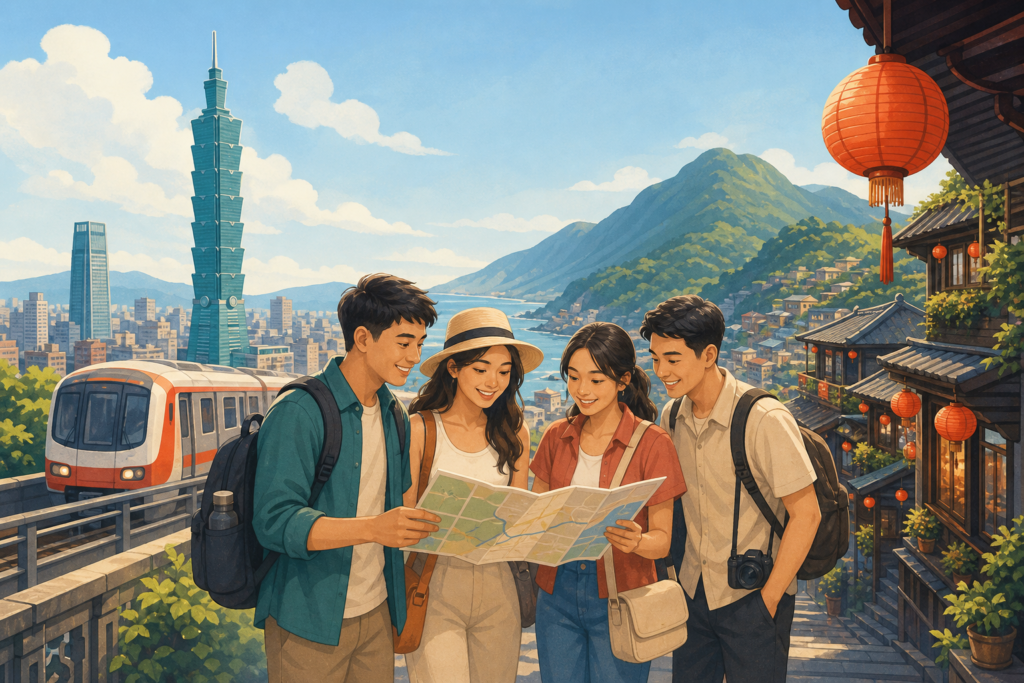 Illustrated Filipino travelers planning a relaxed Taipei and Jiufen itinerary with Taipei 101, a metro train and northern mountain scenery