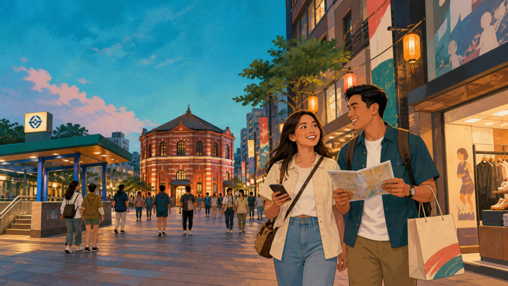 Original illustration of Filipino travelers using a map in Ximending near Ximen MRT and the Red House at early evening