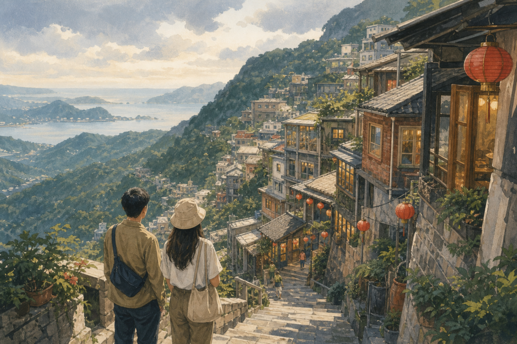 Original editorial illustration of Filipino travelers overlooking Jiufen's steep mountain lanes, hillside buildings and distant northern coast