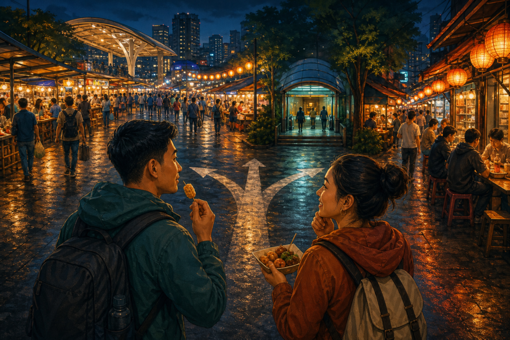 Original editorial illustration of two Filipino travelers choosing between different Taipei night-market experiences on a rainy evening