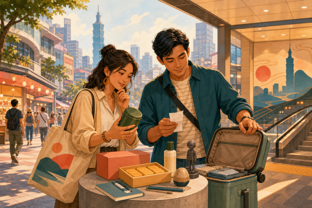 Original illustration of two Filipino travelers comparing Taiwan gifts and everyday-use items beside an open suitcase in Taipei